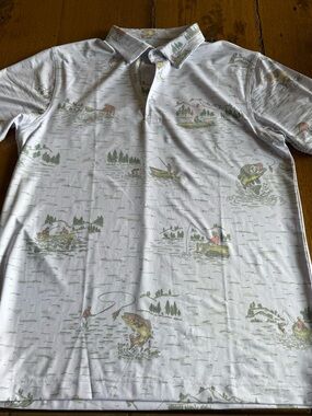 Men's White Fishing-Print Polo Shirt
